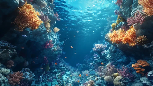 Sunlit coral canyon reveals vivid marine habitat depth.