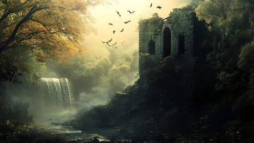 Ruined stone tower beside misty forest waterfall at dawn