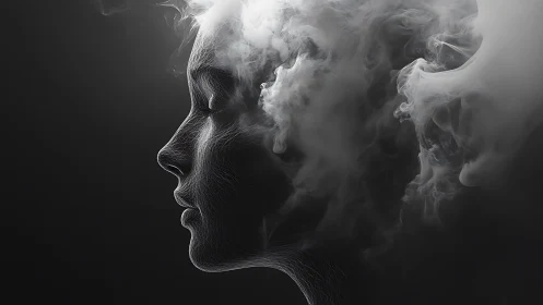 Profile of human face dissolving into drifting smoke.