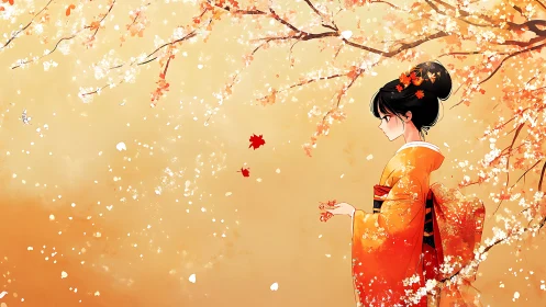 Gentle autumn girl in kimono enjoys drifting cherry petals