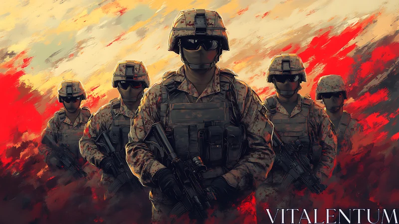 Armored soldiers advance through burning abstract battlefield haze