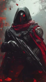 Hooded armored soldier holding rifle in red scarf cloak