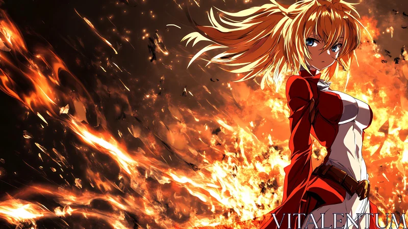 Flameborne heroine strides through a storm of blazing embers.