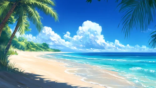 Tropical Coastal Landscape: Animated Beachscape with Palm Trees and Cumulus Formation