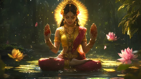 Divine lotus meditation in golden light over reflective water.