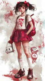 Young girl in red skirt with backpack and stained clothing.
