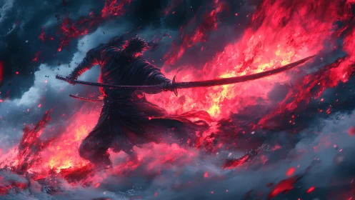 Blade dancer strides through storm and fire with quiet fury