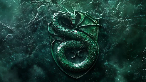 Emerald dragon crest coiled around a mysterious dark sigil.