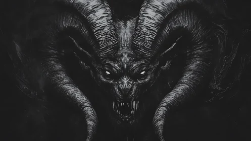 Demonic horned creature stares forward with glowing eyes