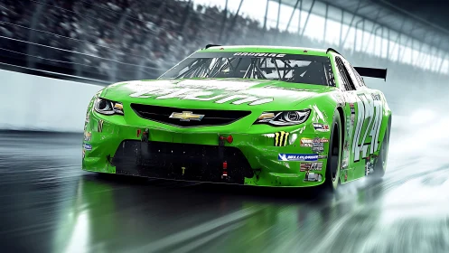 Green stock car racing hard on wet speedway track.