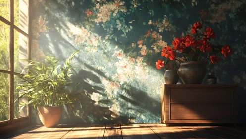 Sunlit interior corner shows plants, dresser and floral wall