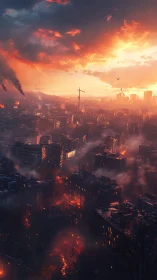 Urban skyline under extensive fire damage at sunset.