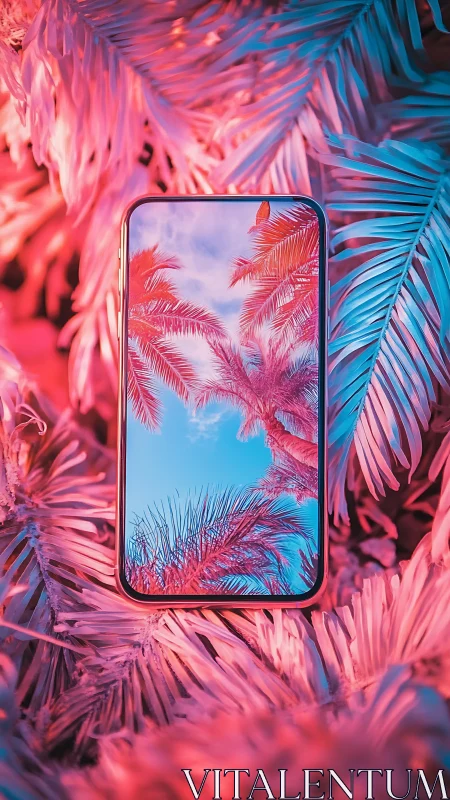 Smartphone Surrounded by Neon-Lit Palm Fronds.