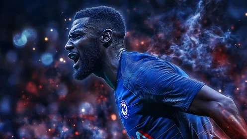 Roaring blue striker ignites a storm of electric stadium fire.