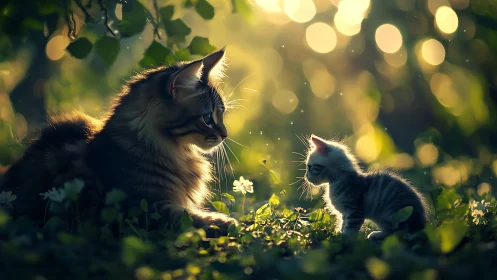 Cat and Kitten in Golden Garden Light.