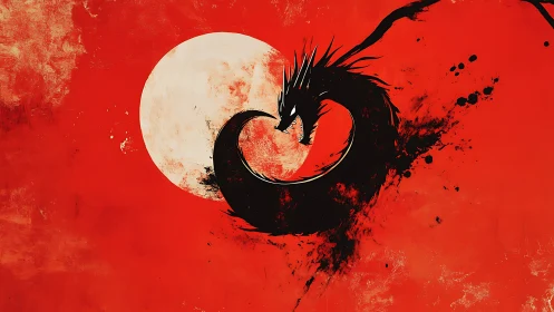 Black dragon silhouette encircles pale disc on red field