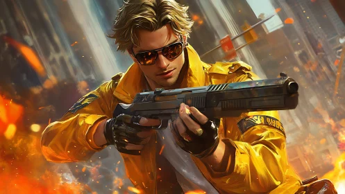 Urban marksman in blazing yellow coat amid chaos.