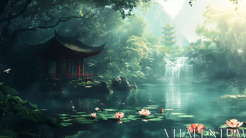 Lotus lagoon whispers beneath jade pagoda light.