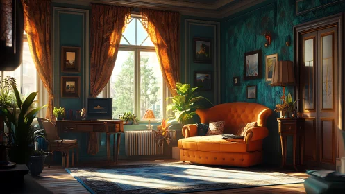 Sunlit teal salon with vintage orange sofa and plants.