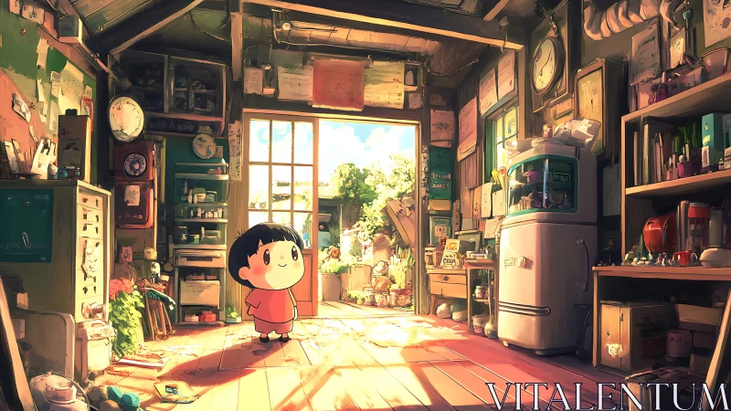 Child stands in sunlit cluttered workshop doorway, observing