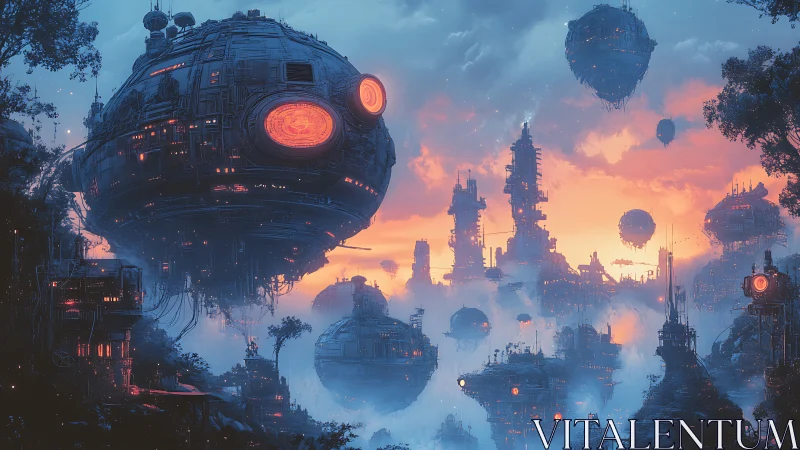 Futuristic spherical structures above dense cityscape at dusk.