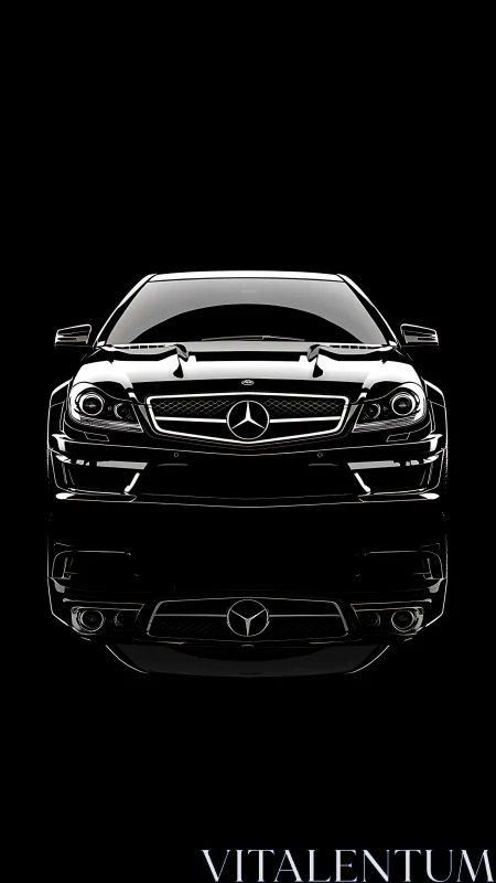 Black performance coupe front view with mirror reflection