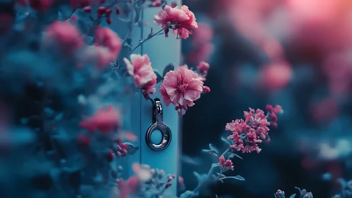 Pink flowers arranged on vertical support with circular metal hardware element