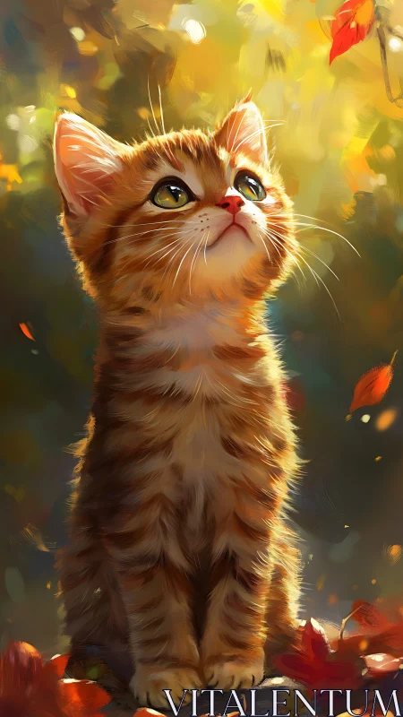 Young Ginger Kitten Gazing Upward Among Autumn Leaves