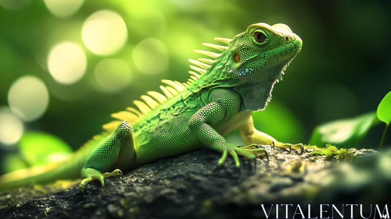 Green iguana on forest log with defocused foliage bokeh.