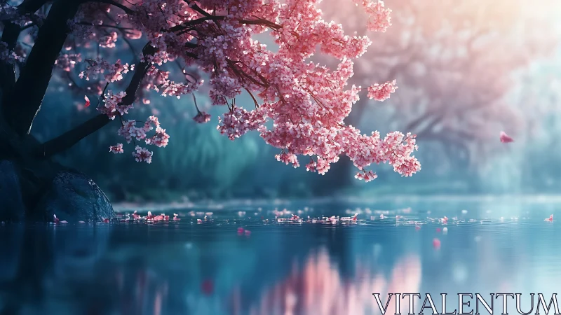 Cherry blossom branches extend over still reflective water