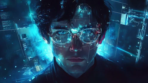 Cybernetic coder portrait with luminous HUD overlays in teal