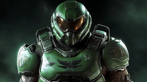 Armored sci fi soldier in green combat exosuit portrait.