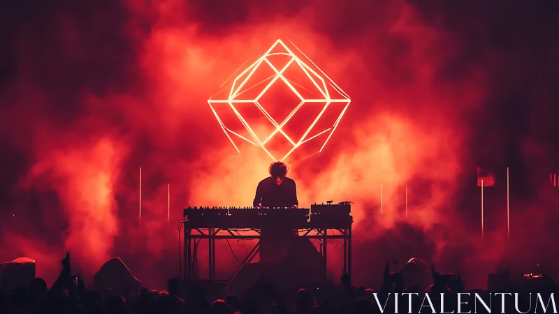 Electronic DJ performs under glowing geometric light sculpture