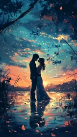 Couple Silhouette at Sunset in Water