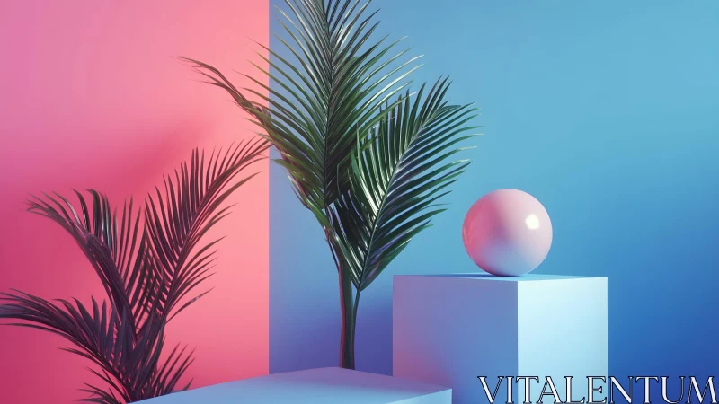 Modern tropical palm leaves with pastel geometric shapes, minimalistic style.