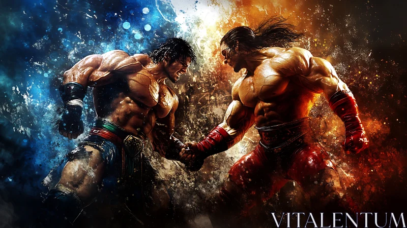 Two muscular fighters engage in intense combat with elemental effects.