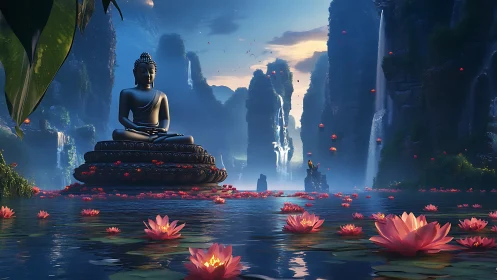 Meditative Buddha monument amid waterfall basin with lotus field.