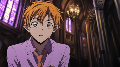 Shocked orange haired student in dim gothic cathedral