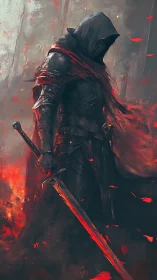 Hooded flamebound knight pauses within a storm of embers.
