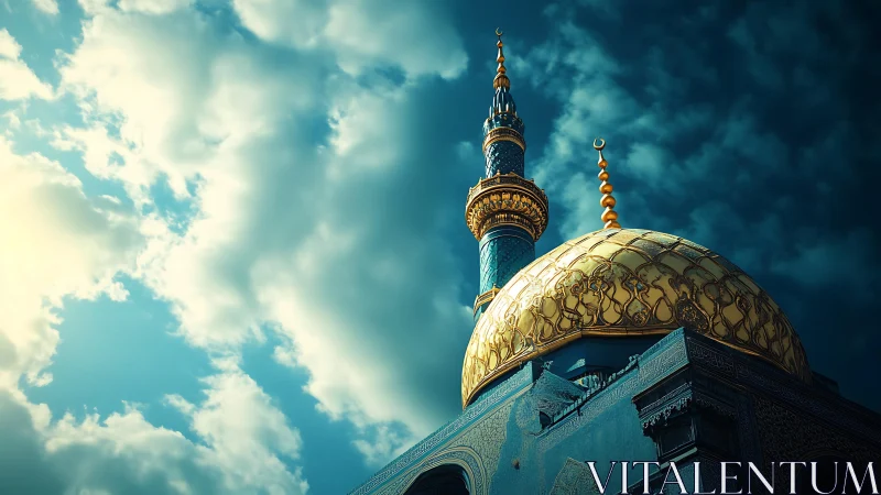 Golden mosque dome under storm-bright turquoise sky.