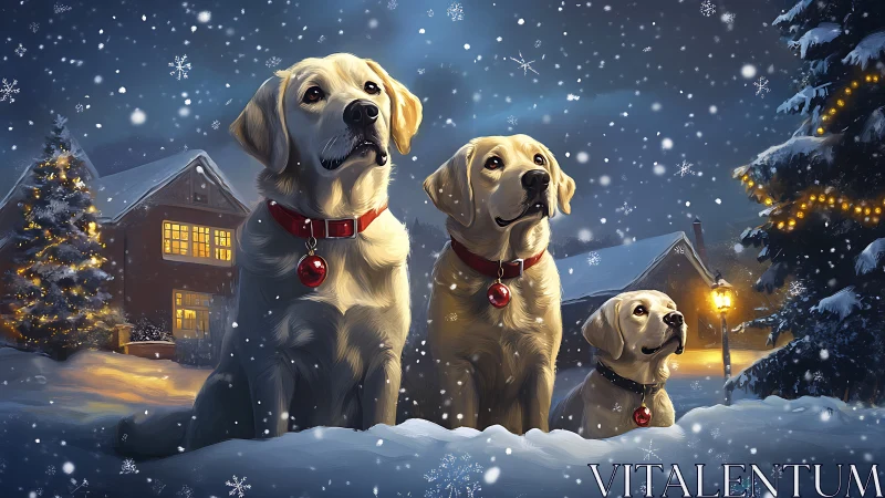 Labrador trio in snowy Christmas village, glowing bokeh lights.
