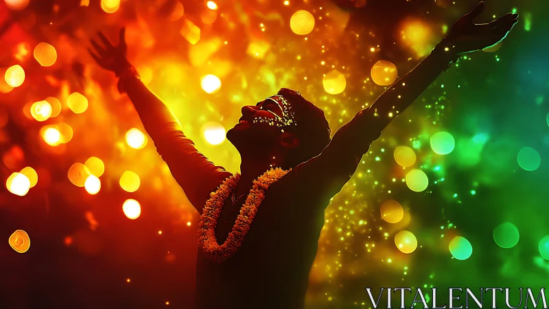 Digital painting of festive silhouette in luminous bokeh field.