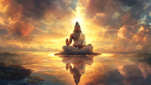 Serene meditating deity on reflective water at radiant dawn.