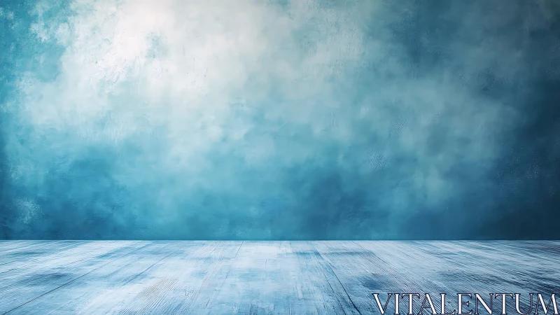 Empty blue interior with textured wall and wood floor.