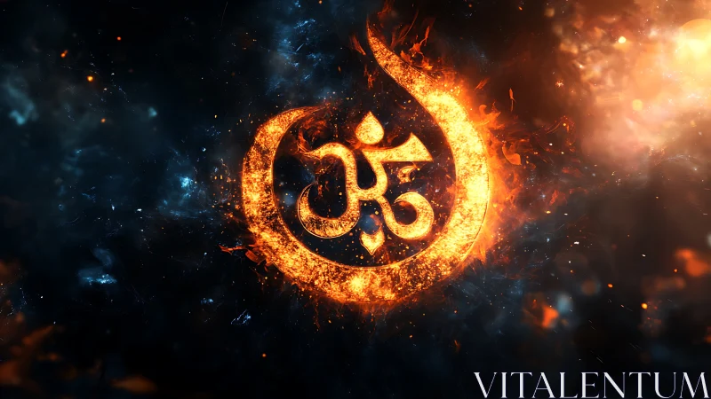 Fiery Om symbol ignites against cosmic nebula backdrop.