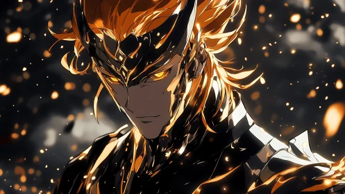 Flaming armored warrior emerges amid swirling embers at dusk.