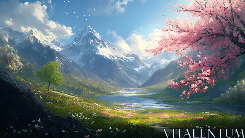 Digital landscape depicts alpine valley with lake and blossoms