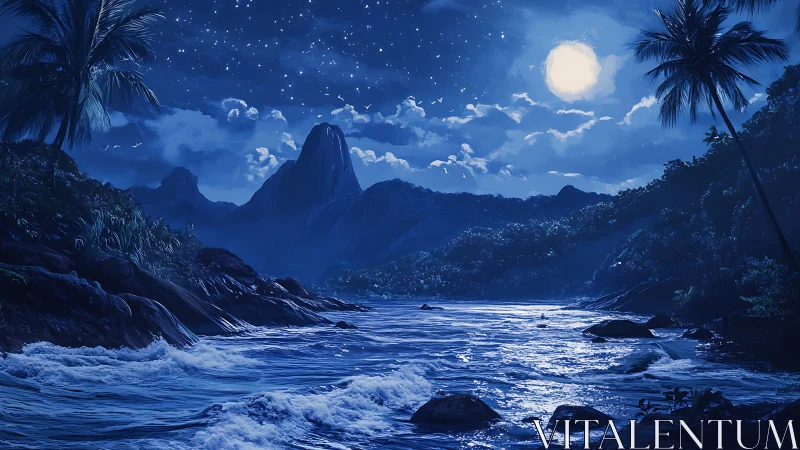 Moonlit tropical river drifting through quiet blue mountains.
