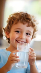 Happy child drinks water with ice cube on face.