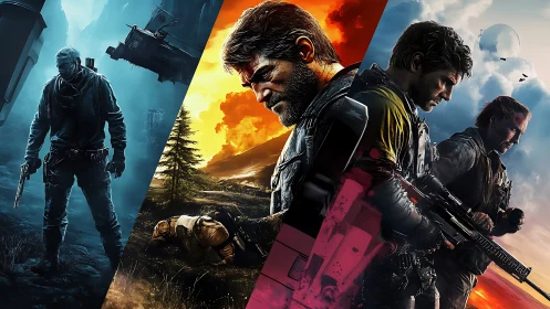 Triptych of armed operatives across contrasting color-coded warzones